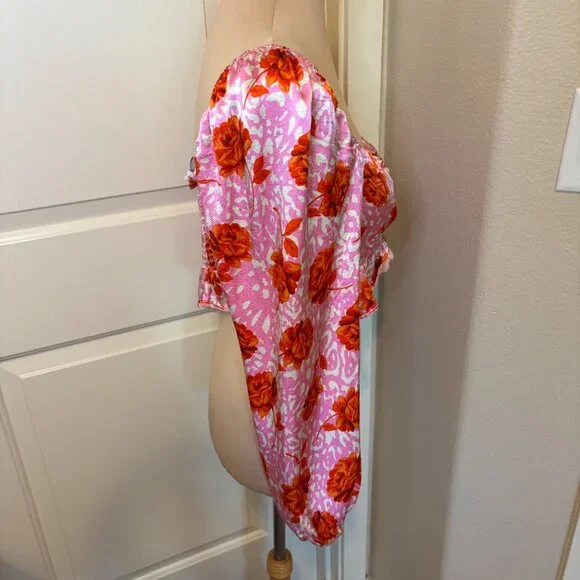 Topshop Rose Animal Print Satin Long Sleeve Crop Top Pink Red Size 8 #187 - Picture 4 of 11